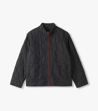Women's black quilted jacket front view with stand collar, burgundy zip, and two patch pockets