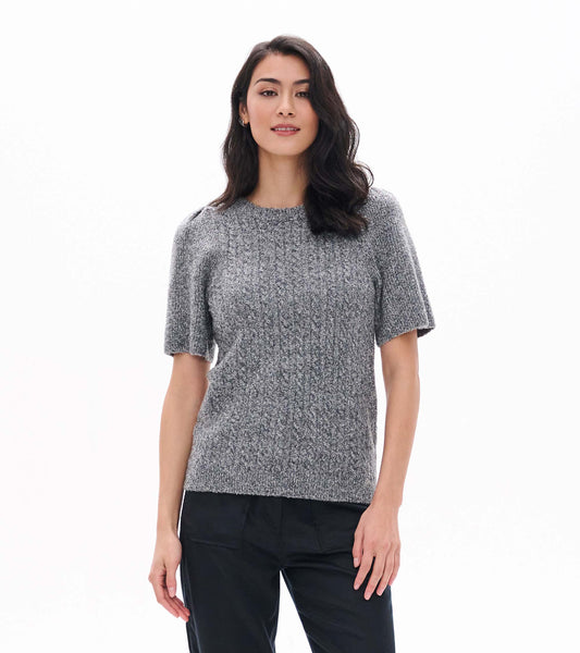 Front view of grey boucle sweater with short puff sleeves and a crew neckline