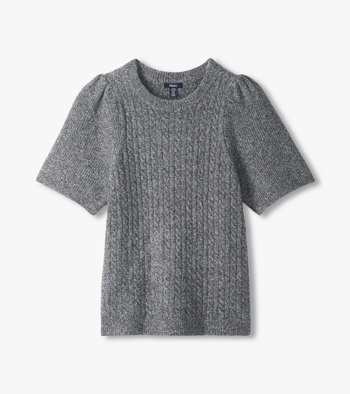 Grey boucle sweater laid flat with short puff sleeves, crew neckline, and ribbed knit texture