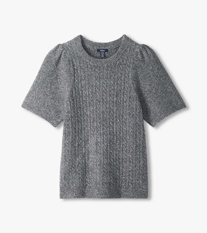Grey boucle sweater laid flat with short puff sleeves, crew neckline, and ribbed knit texture