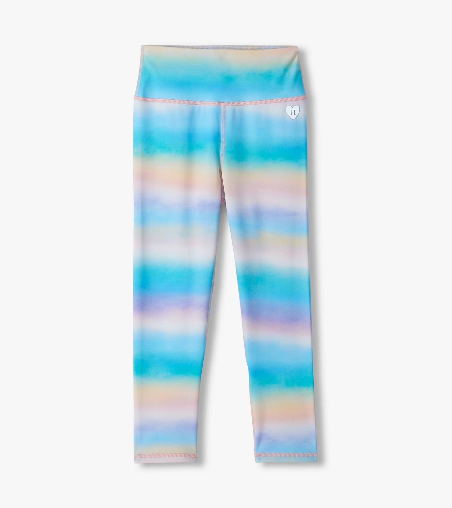 Girls active leggings with pastel blue, pink, and purple striped print and wide waistband