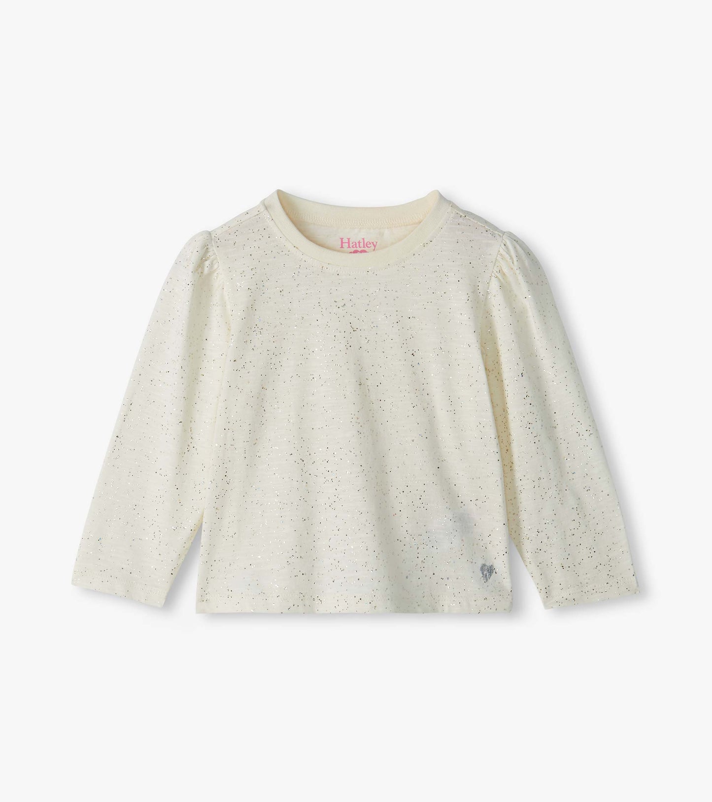 Front view of cream infant tee with silver flecks, puff shoulders, long sleeves, and small heart detail