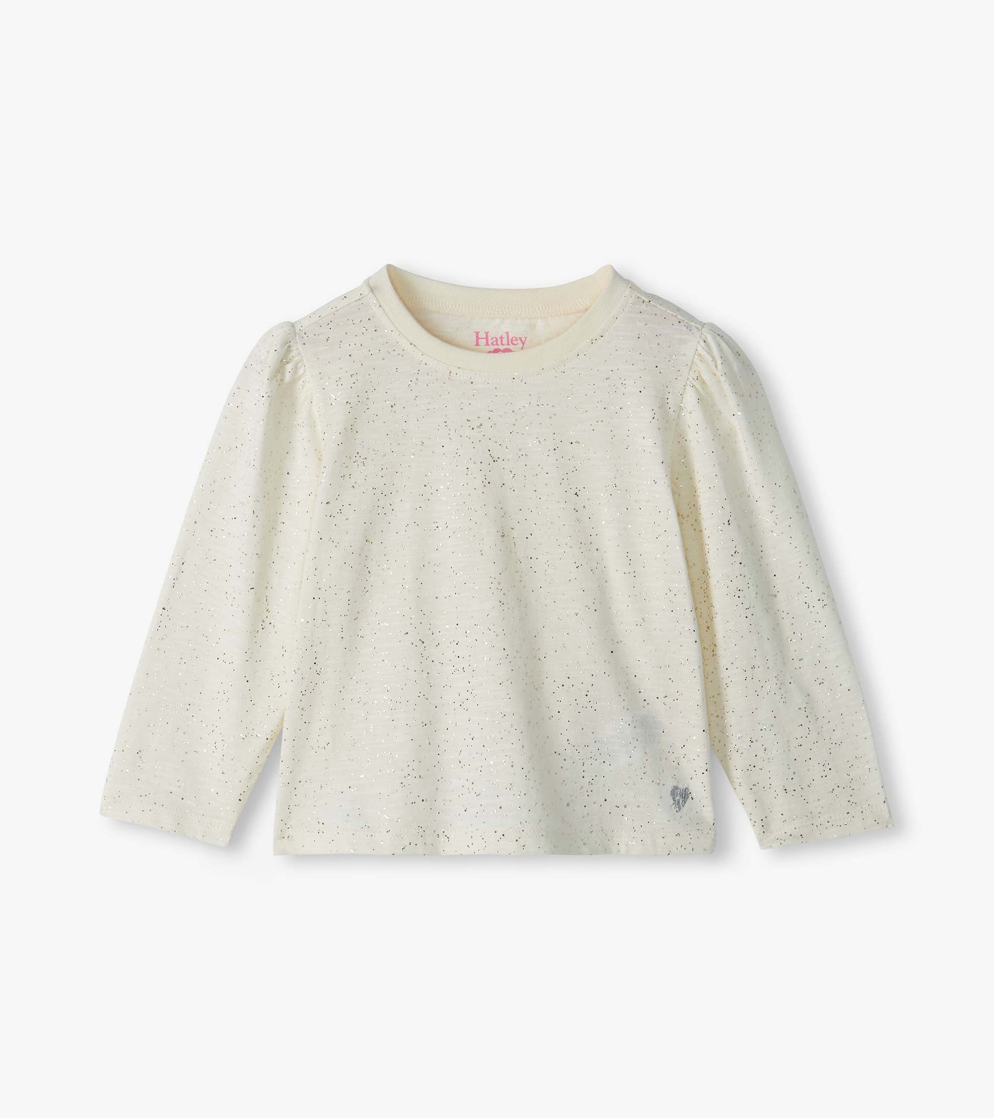 Front view of cream infant tee with silver flecks, puff shoulders, long sleeves, and small heart detail