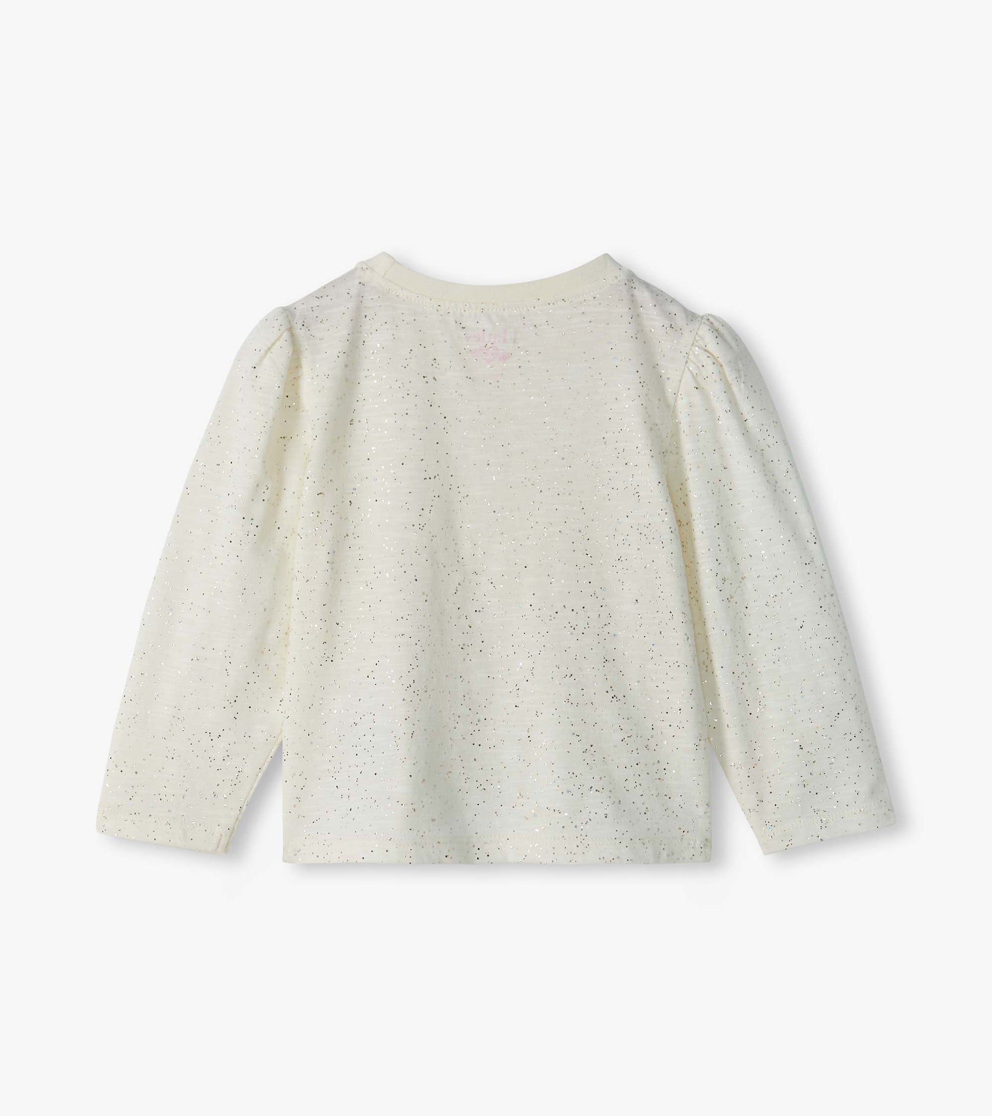 Back view of cream infant tee with silver flecks, puff shoulders, and long sleeves
