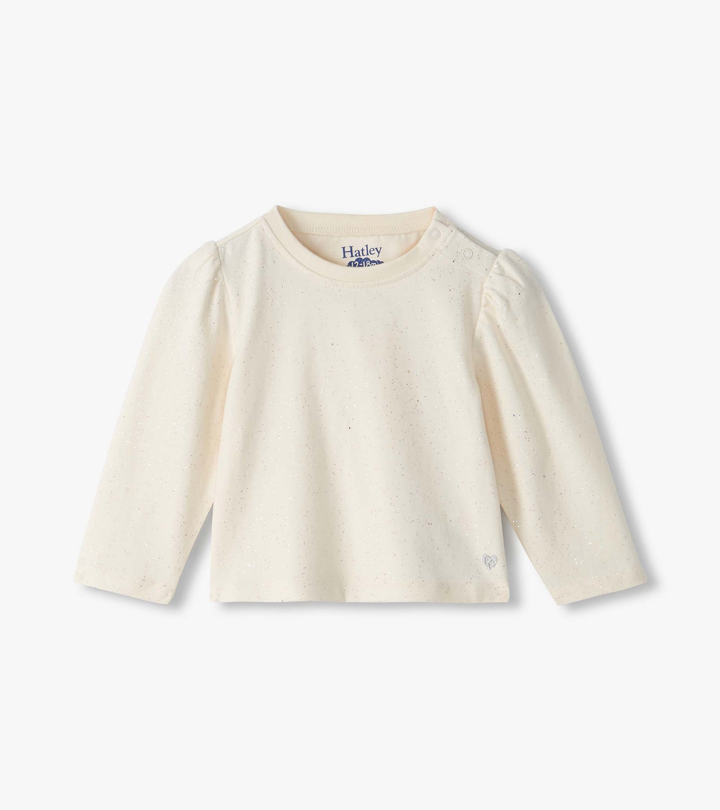 Front view of cream infant tee with subtle sparkle, puff shoulders, shoulder snaps, and heart detail