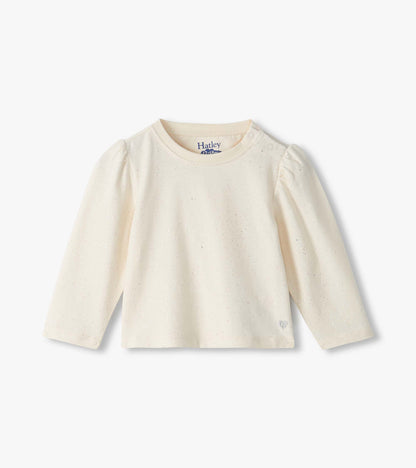Front view of cream infant tee with subtle sparkle, puff shoulders, shoulder snaps, and heart detail