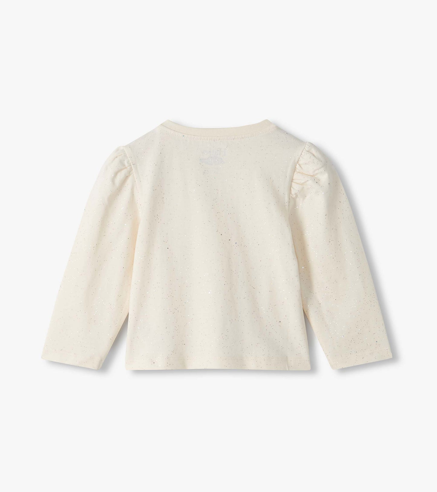 Back view of cream infant tee with subtle sparkle, puff shoulders, and long sleeves