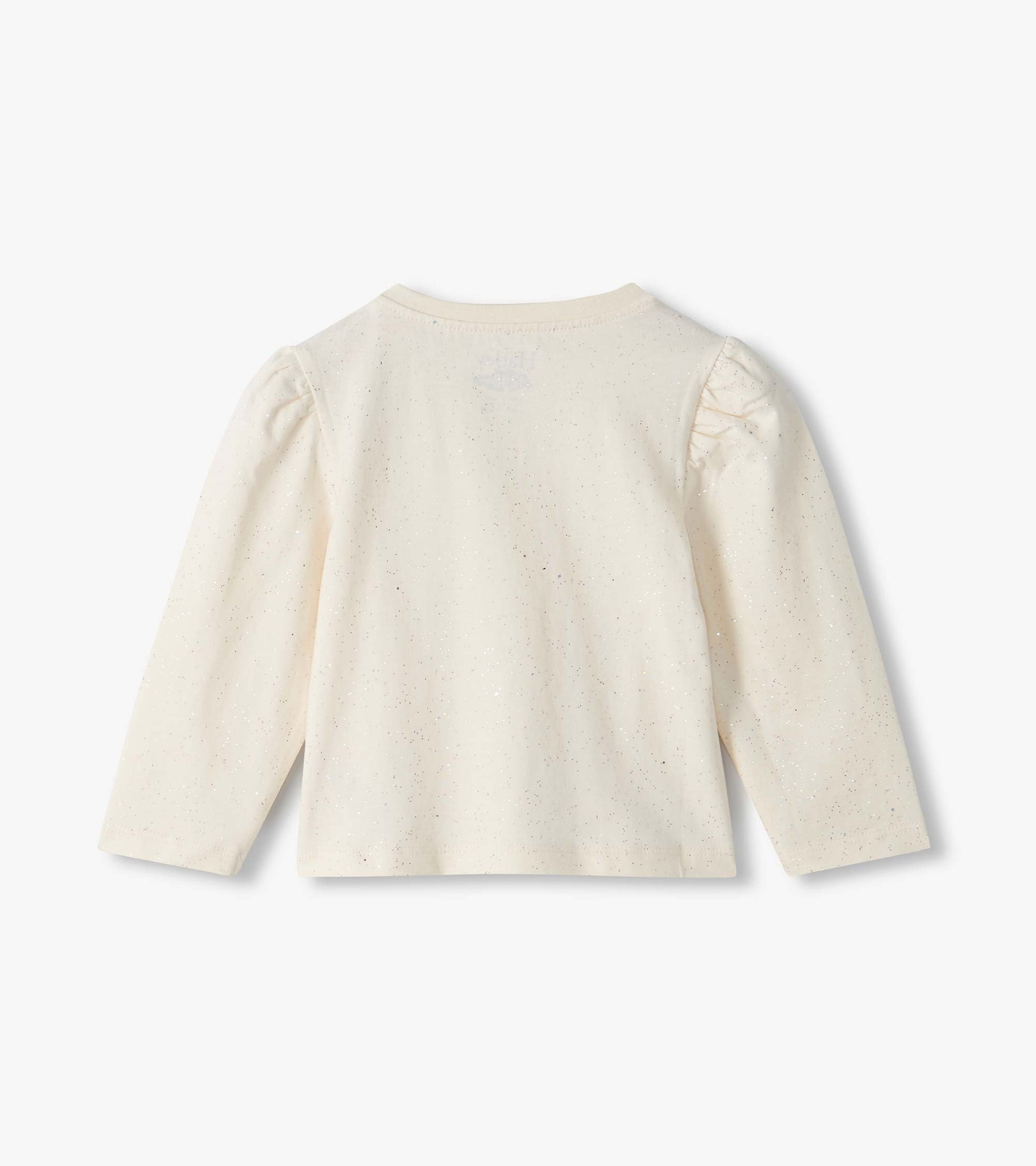 Back view of cream infant tee with subtle sparkle, puff shoulders, and long sleeves
