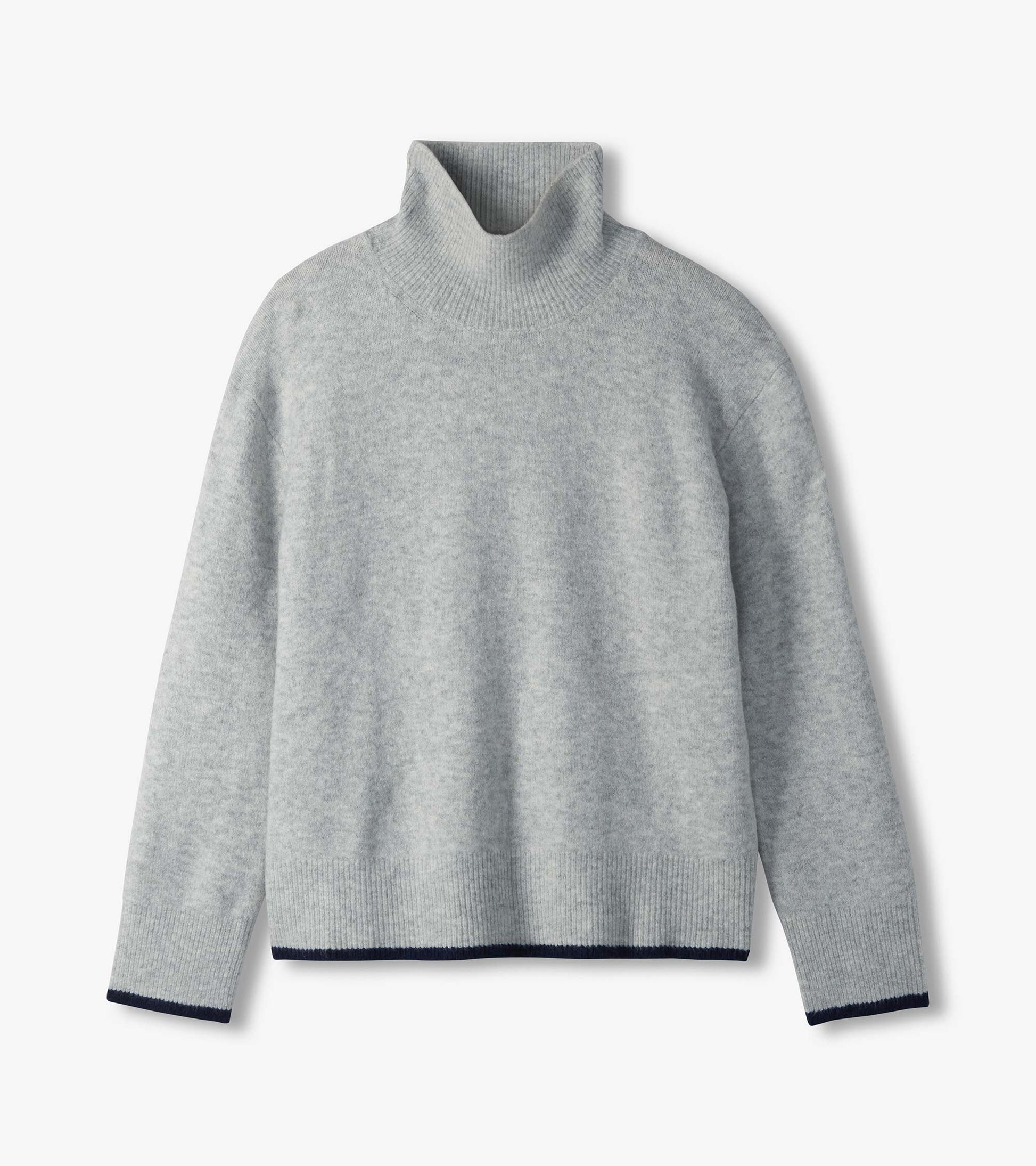 Athletic grey mock neck sweater laid flat with ribbed collar, hem, and cuffs and dark contrast trim