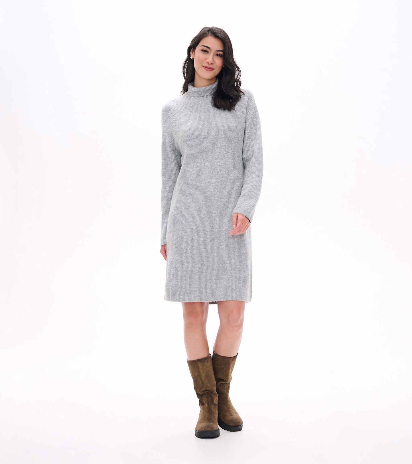 Grey melange turtleneck sweater dress with long sleeves and knee-length straight silhouette