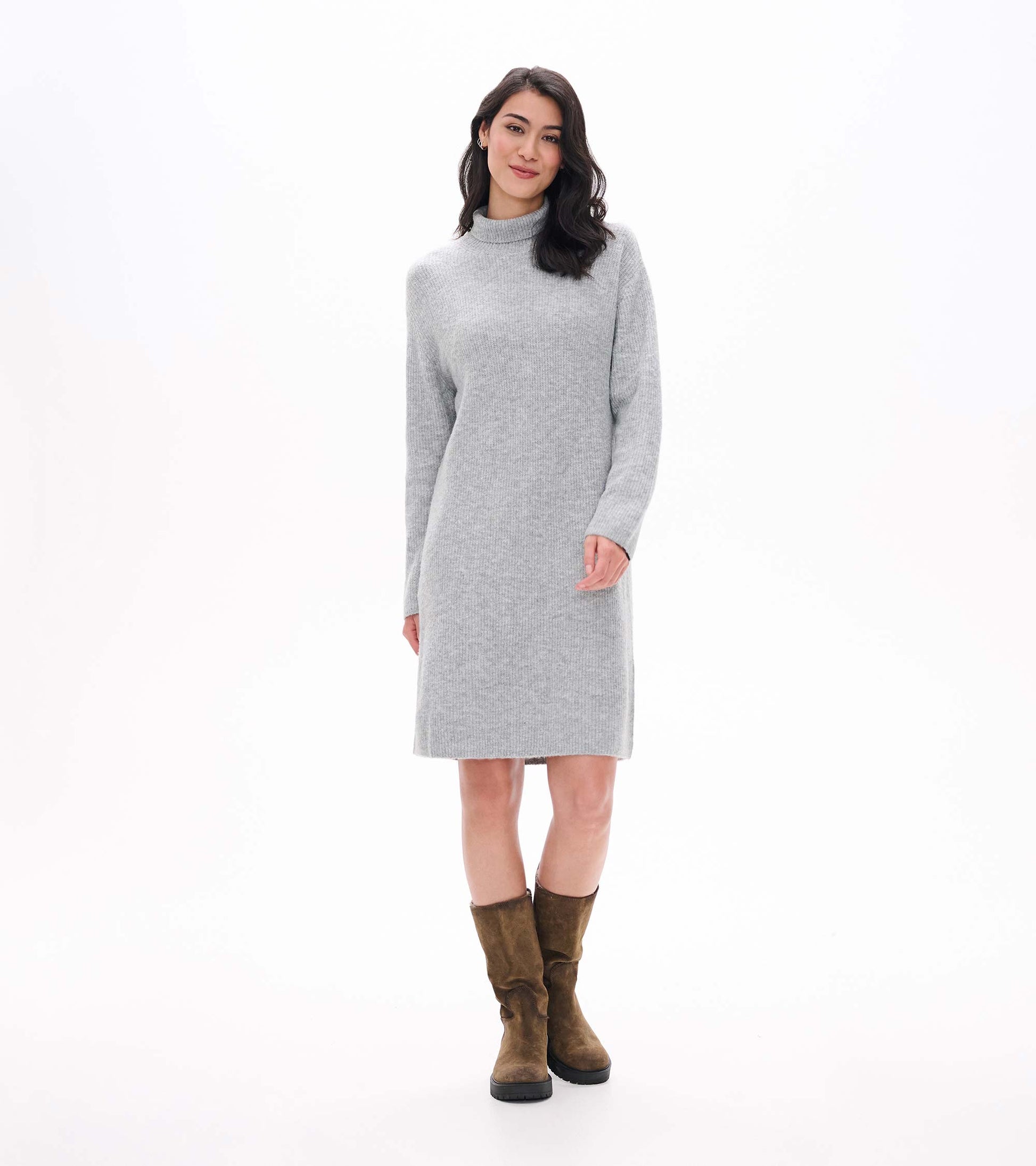 Grey melange turtleneck sweater dress with long sleeves and knee-length straight silhouette