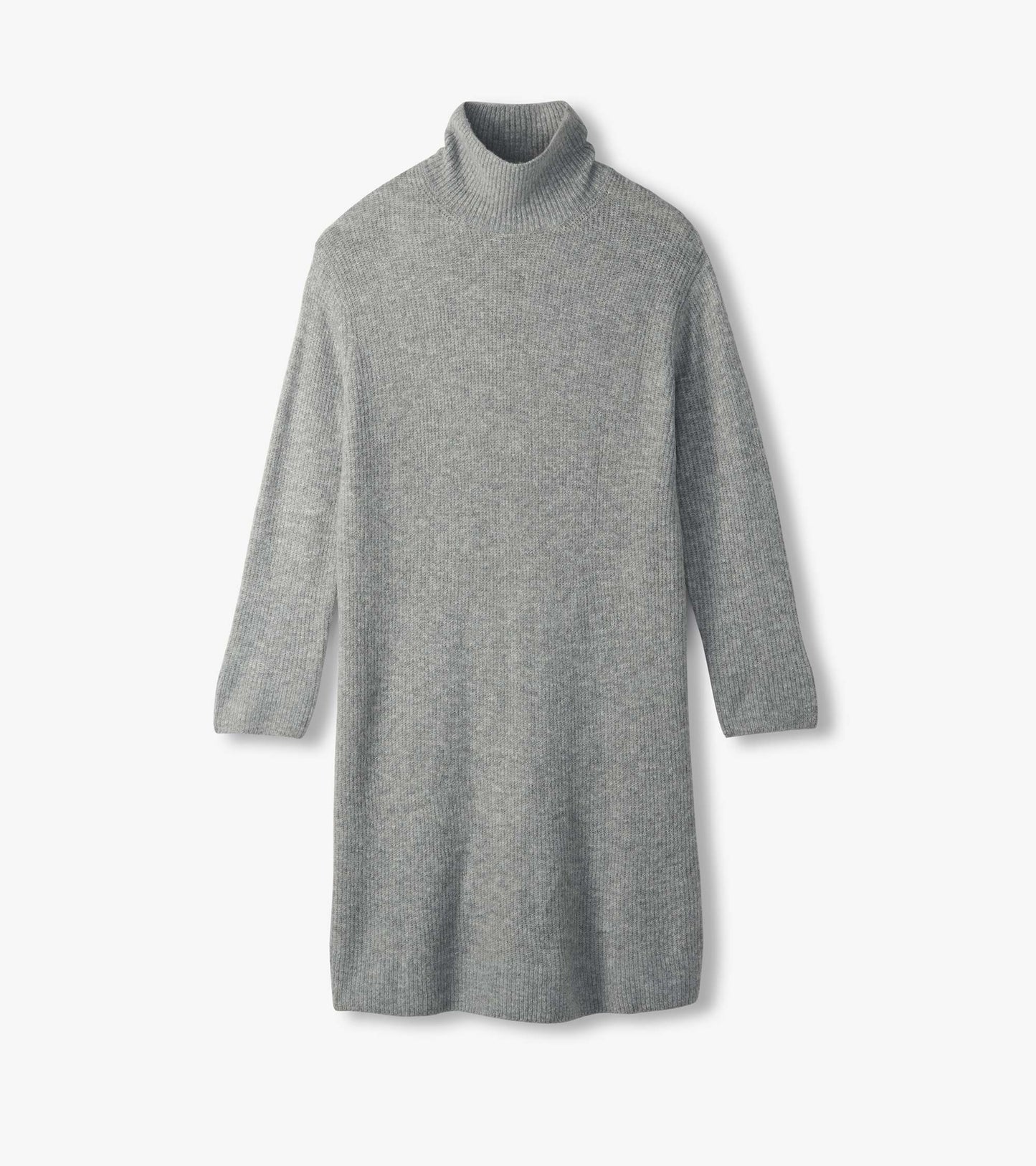 Grey melange sweater dress shown flat with turtleneck, long sleeves, and straight knee-length shape