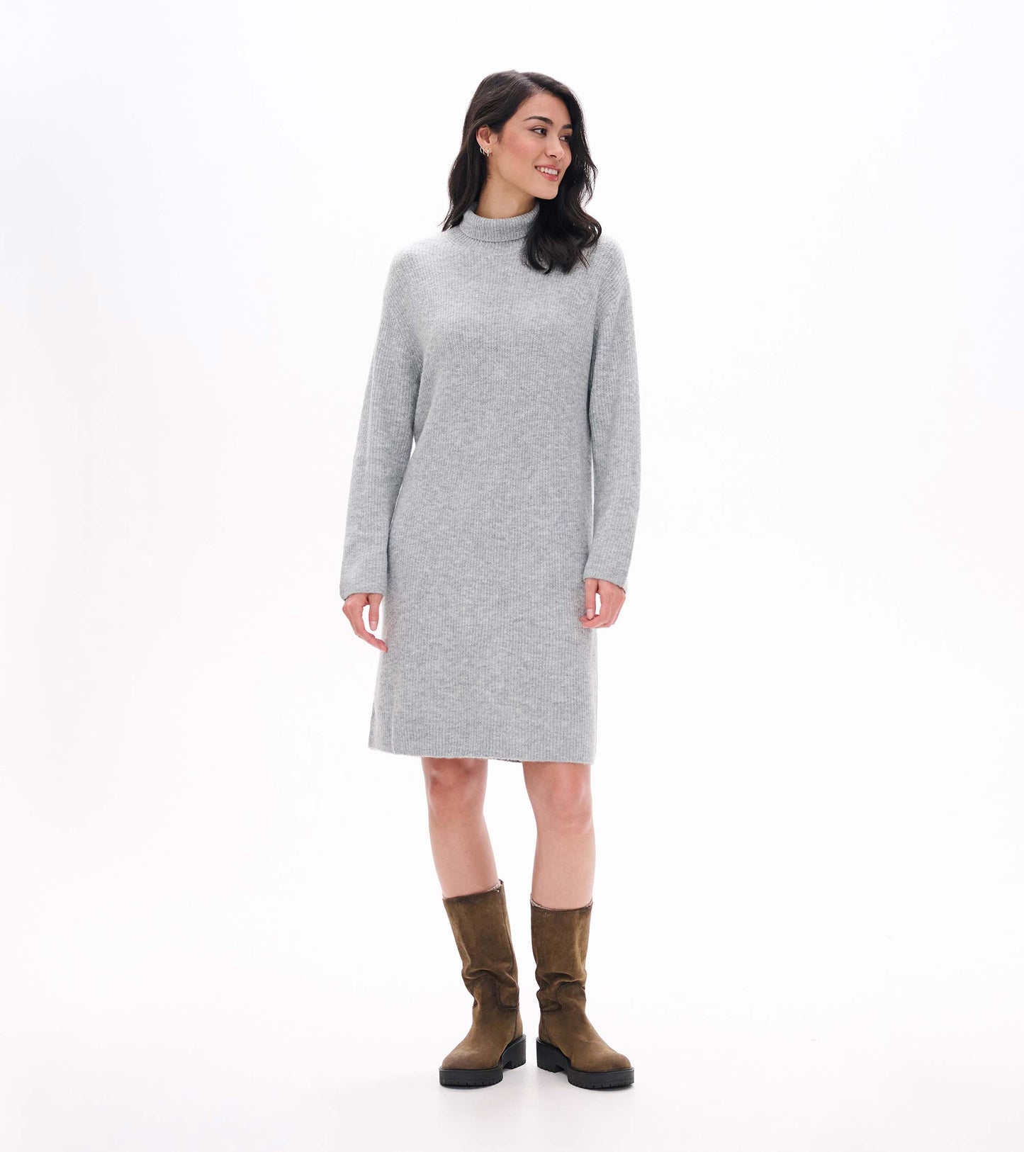 Front view of grey melange sweater dress with turtleneck, long sleeves, and straight fit