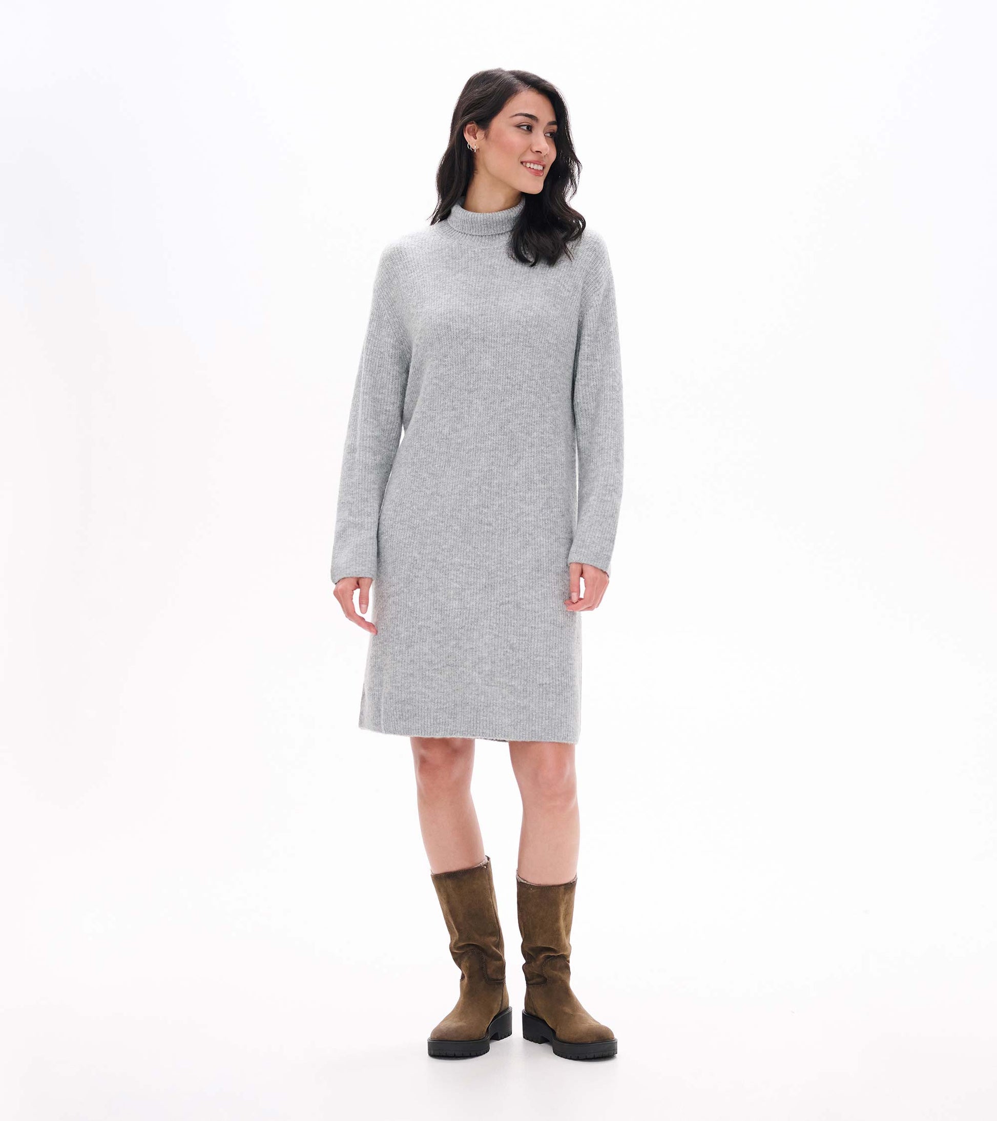 Front view of grey melange sweater dress with turtleneck, long sleeves, and straight fit
