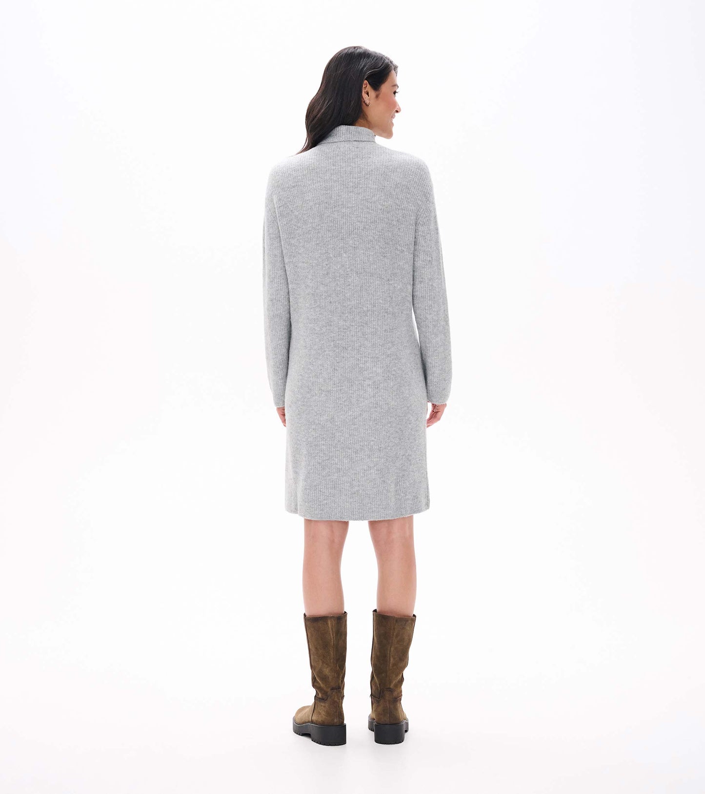Back view of Iris sweater dress in grey melange with long sleeves, funnel neck, and knee-length hem