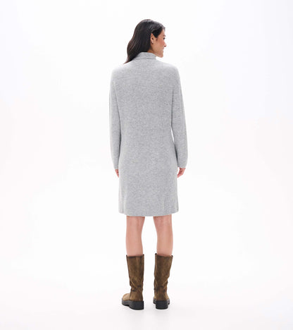 Back view of Iris sweater dress in grey melange with long sleeves, funnel neck, and knee-length hem