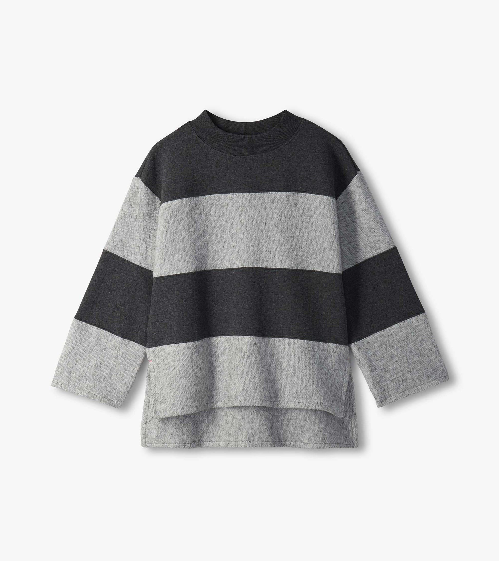 Charcoal and light gray striped long sleeve top laid flat, with mock neck and wide sleeves