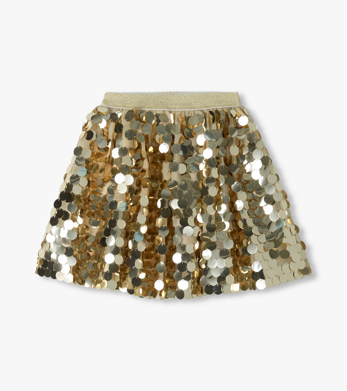 Girls gold sequin skirt with a glitter waistband and flared silhouette, front view