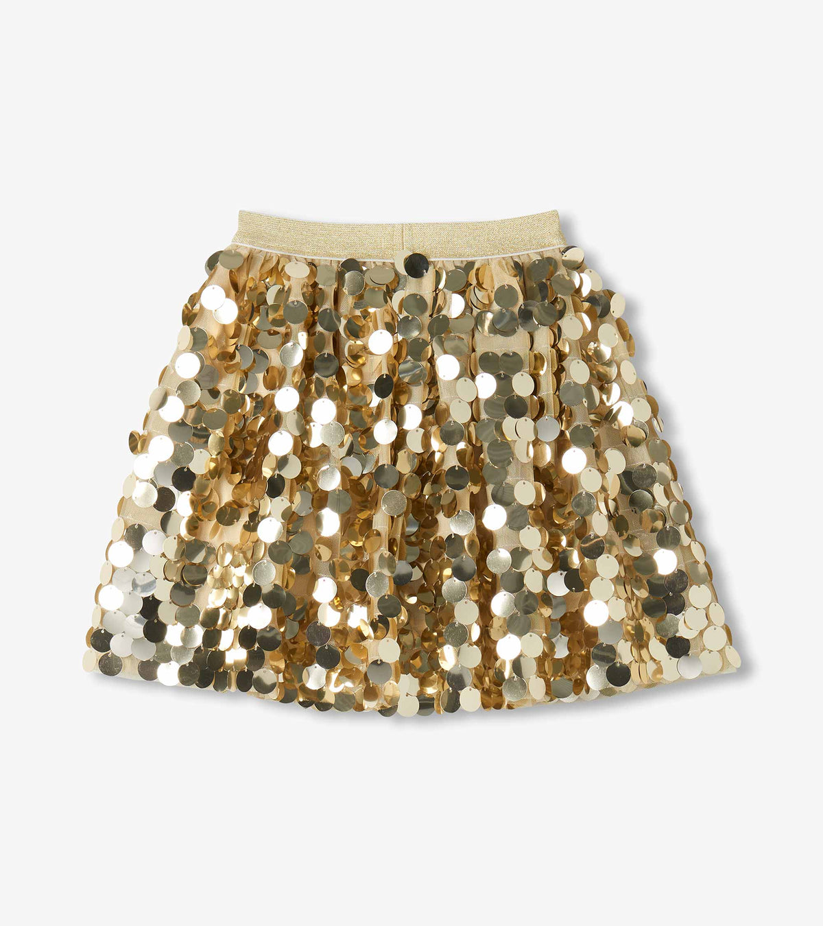 Girls gold sequin skirt with glitter waistband, shown laid flat from the back