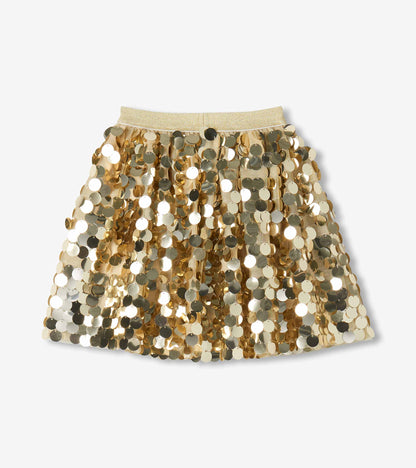 Girls gold sequin skirt with glitter waistband, shown laid flat from the back
