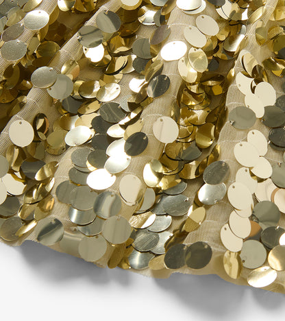 Close-up of the skirt's large round gold sequins layered over sheer mesh