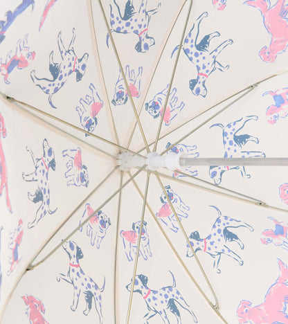 Underside detail of clear umbrella showing metal ribs and colorful dog print