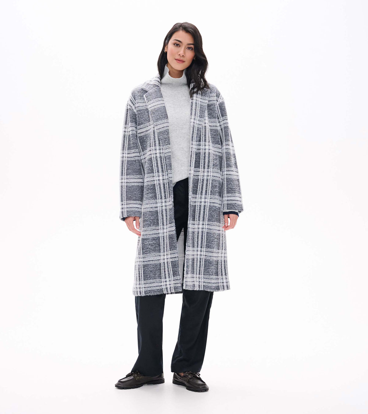 Front view of Paxton Jacket in charcoal plaid, long open style with lapel collar