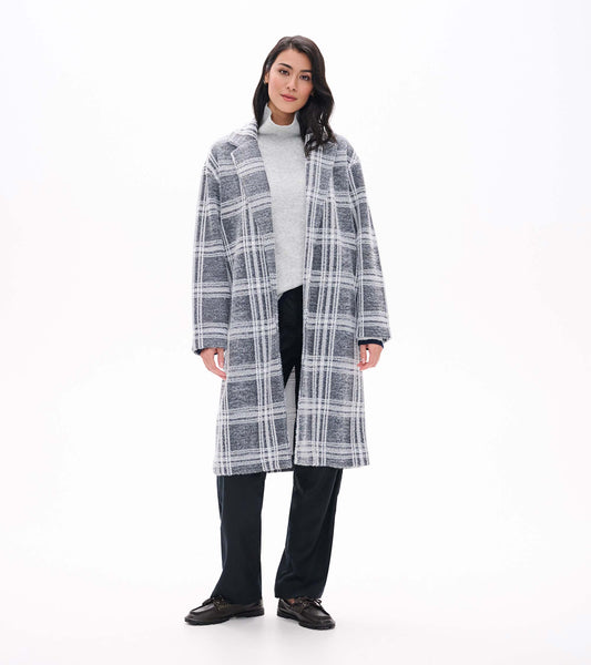 Front view of Paxton Jacket in charcoal plaid, long open style with lapel collar