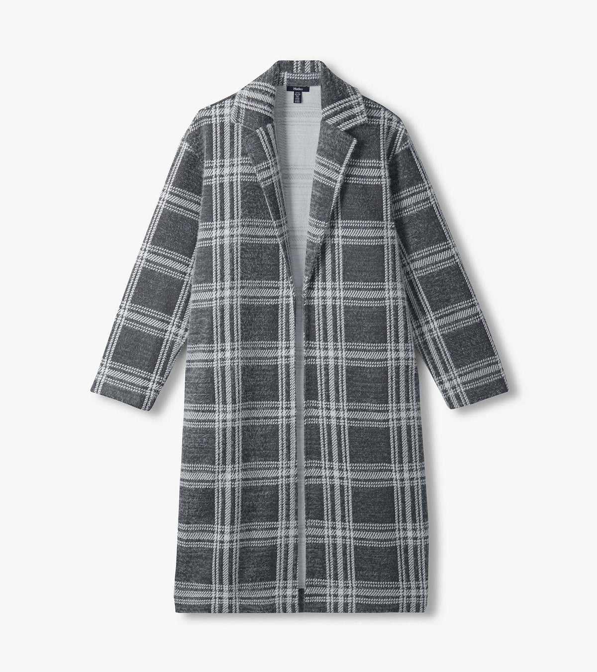 Paxton Jacket laid flat in charcoal plaid with long open front and lapel collar
