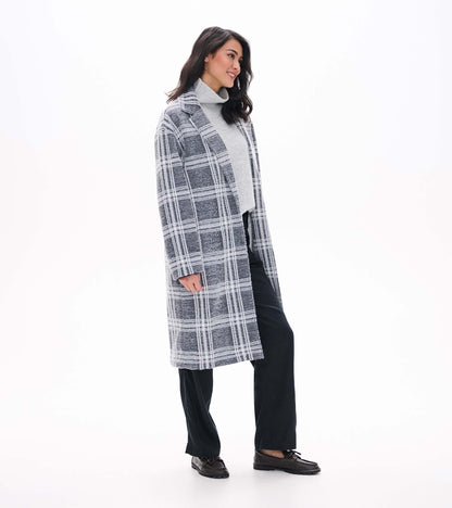 Side view of Paxton Jacket in charcoal plaid, long open silhouette with lapel collar
