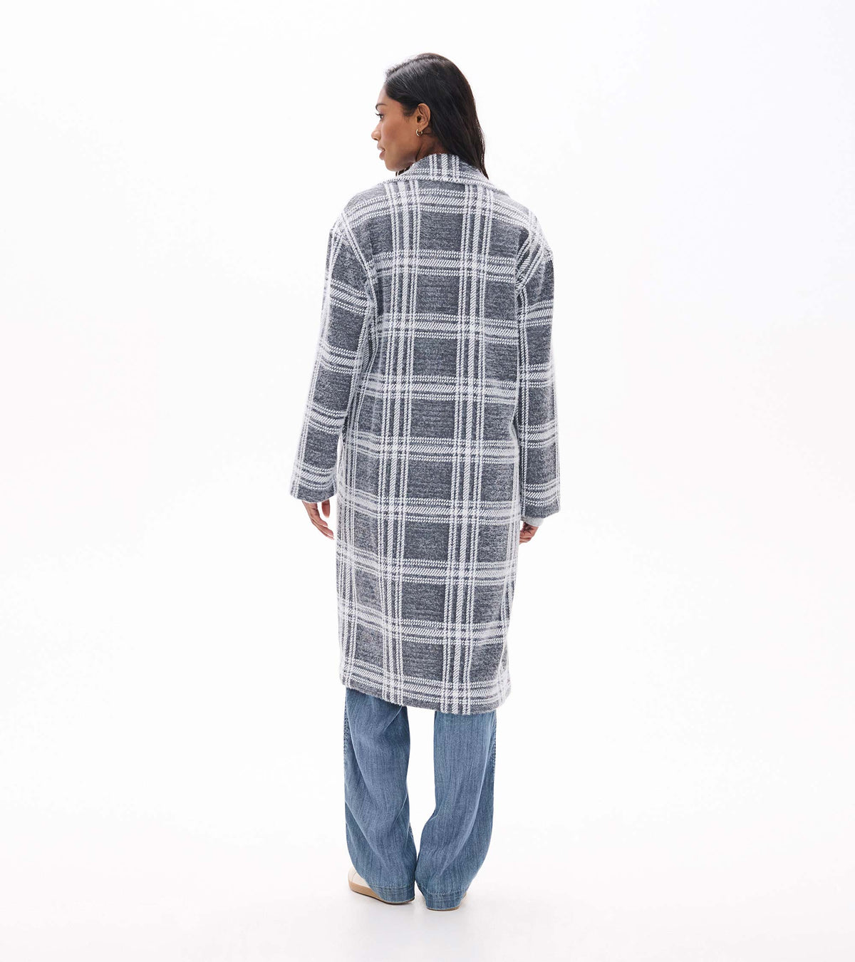 Back view of long charcoal plaid jacket with white grid pattern and straight hem