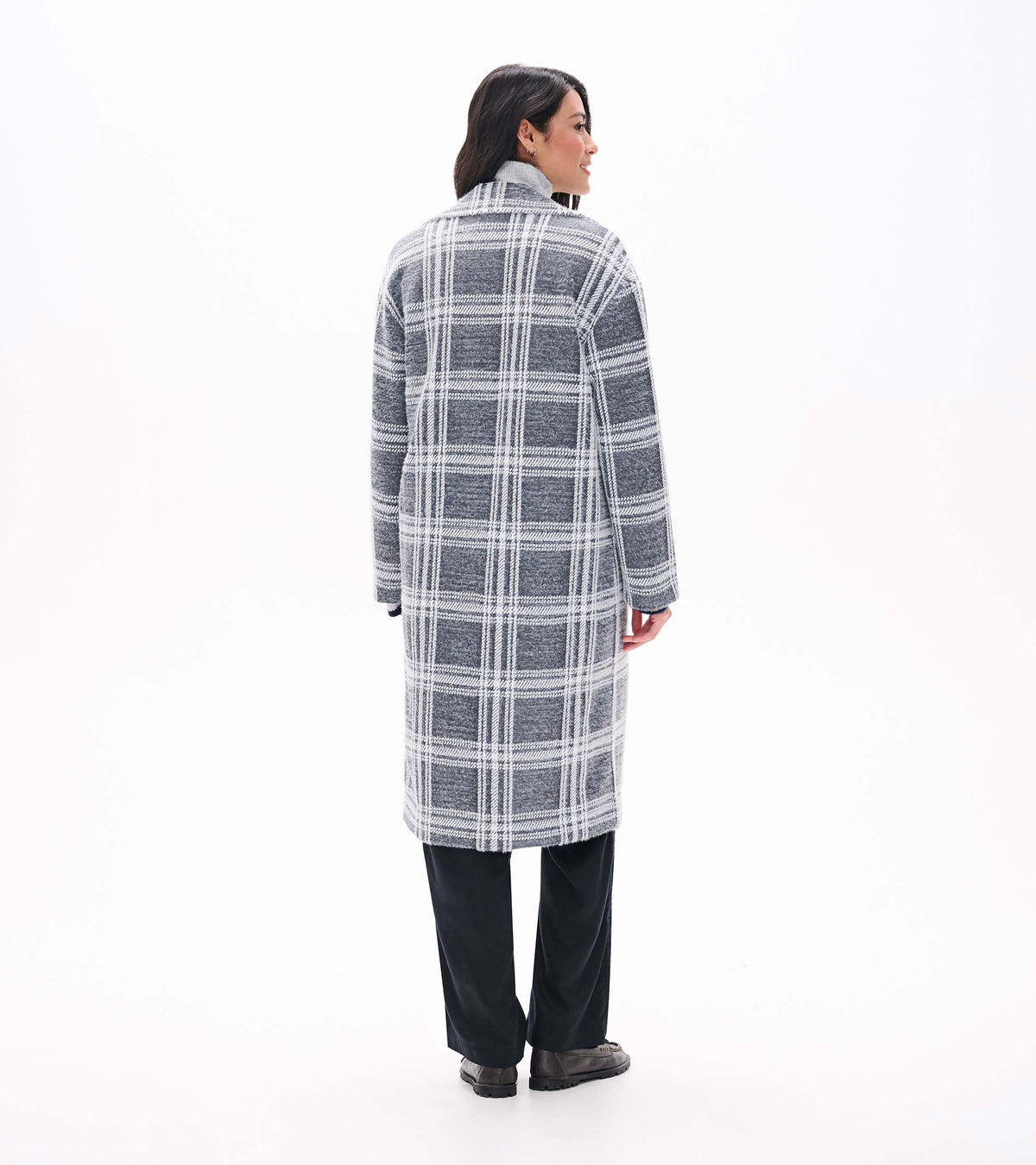 Rear angled view of long charcoal plaid jacket with white grid pattern and notched collar