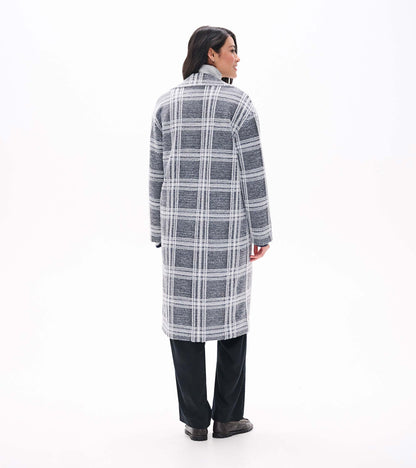 Rear angled view of long charcoal plaid jacket with white grid pattern and notched collar