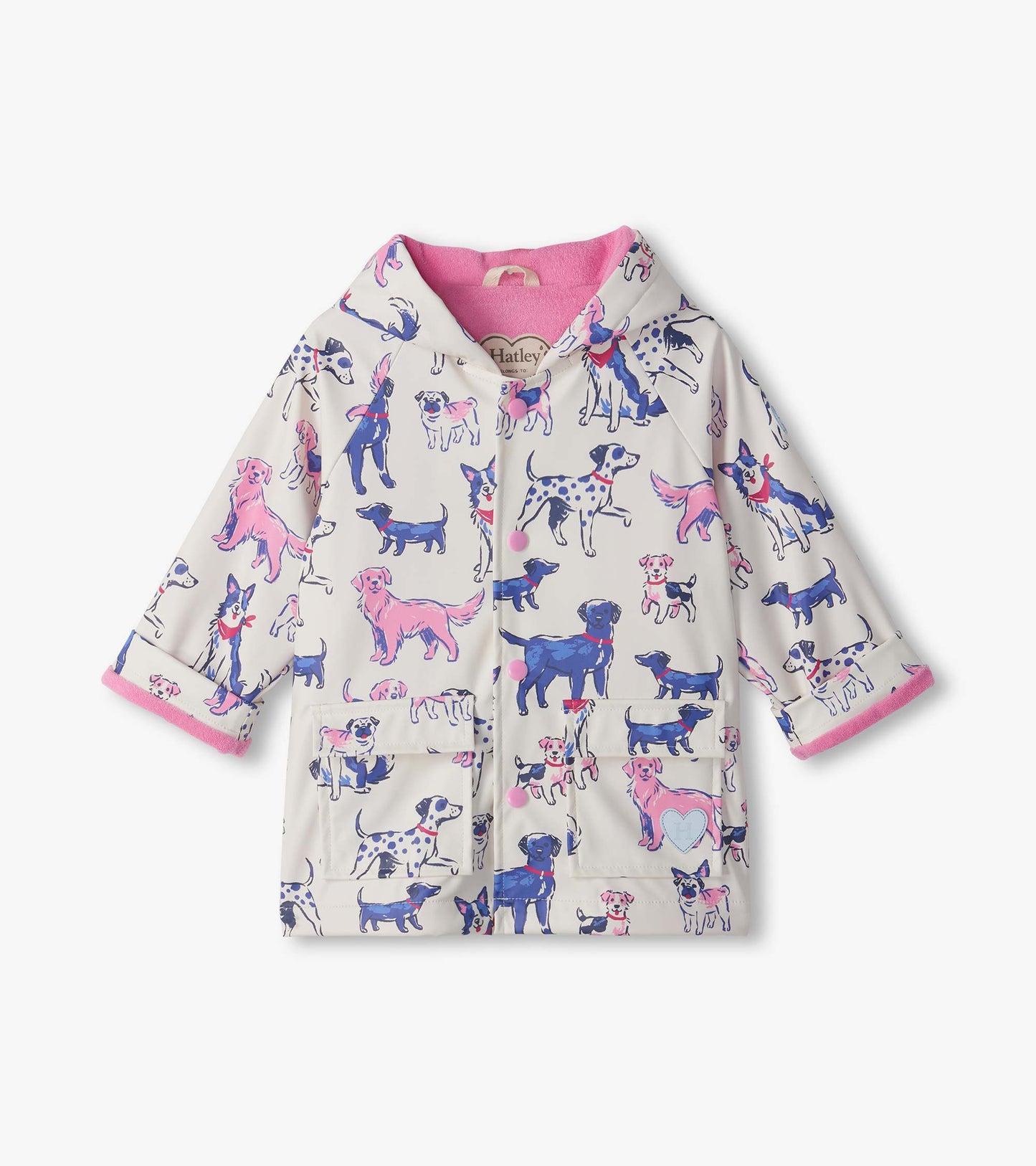 Front view of kids rain coat with pink and blue dog print, hood, snap front, and front flap pockets