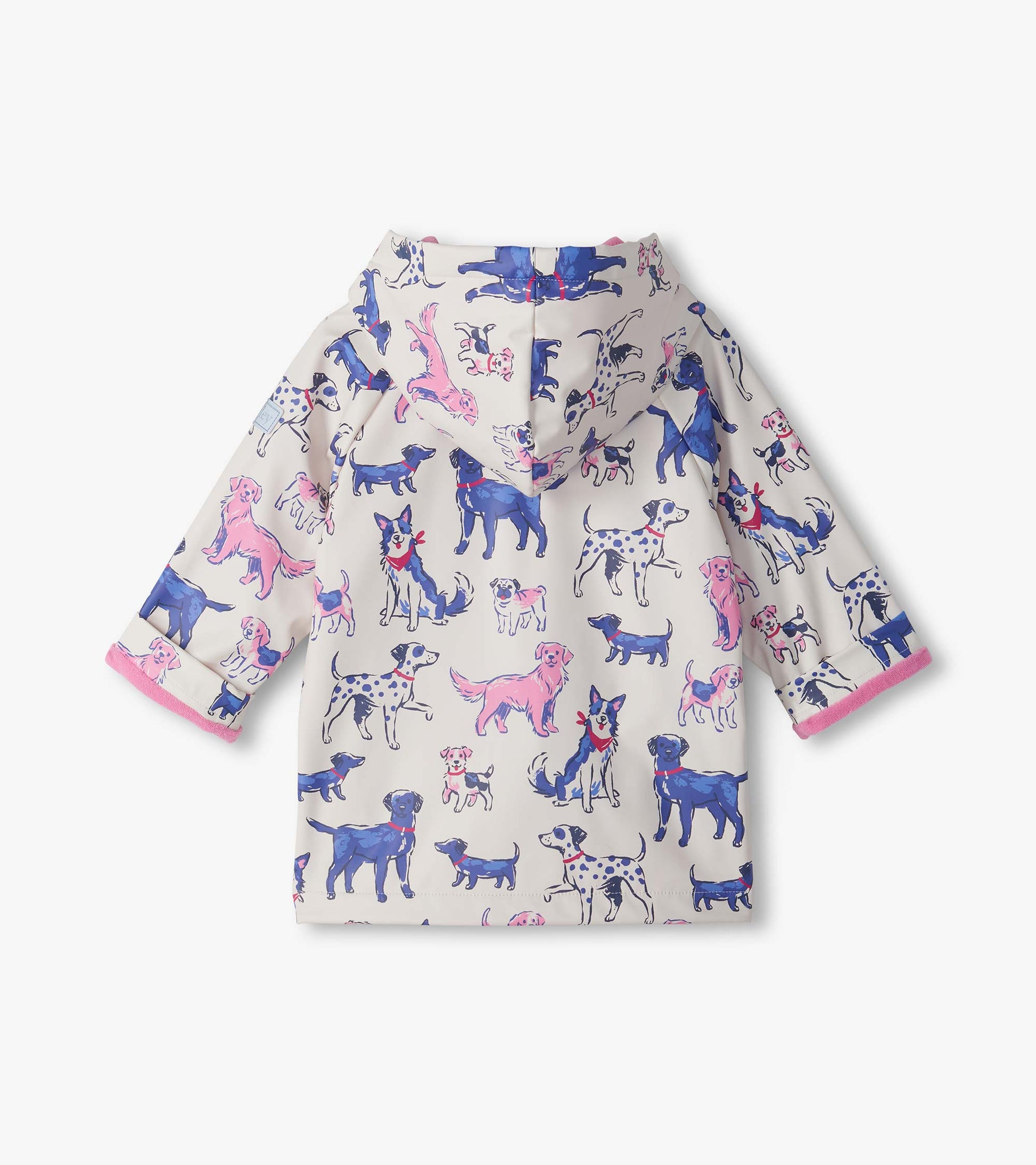 Back view of kids hooded rain coat with pink and blue dog print and pink cuff lining