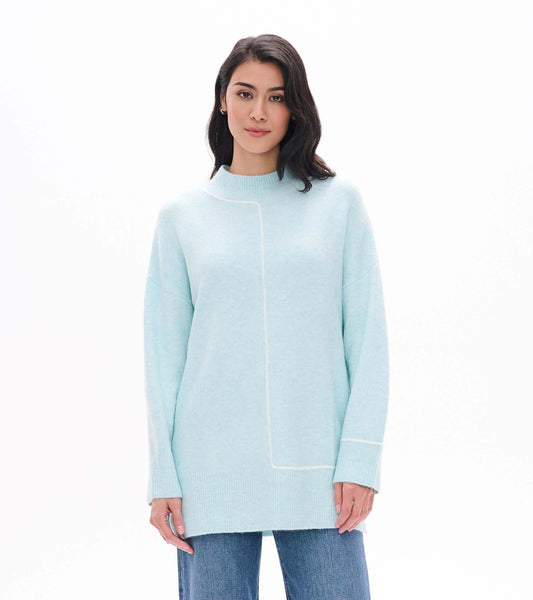 Front view of teal tunic sweater with mock neck, ribbed trim, and contrast line detail