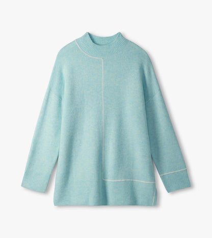 Teal tunic sweater laid flat with mock neck, long sleeves, ribbed hem, and contrast line detail