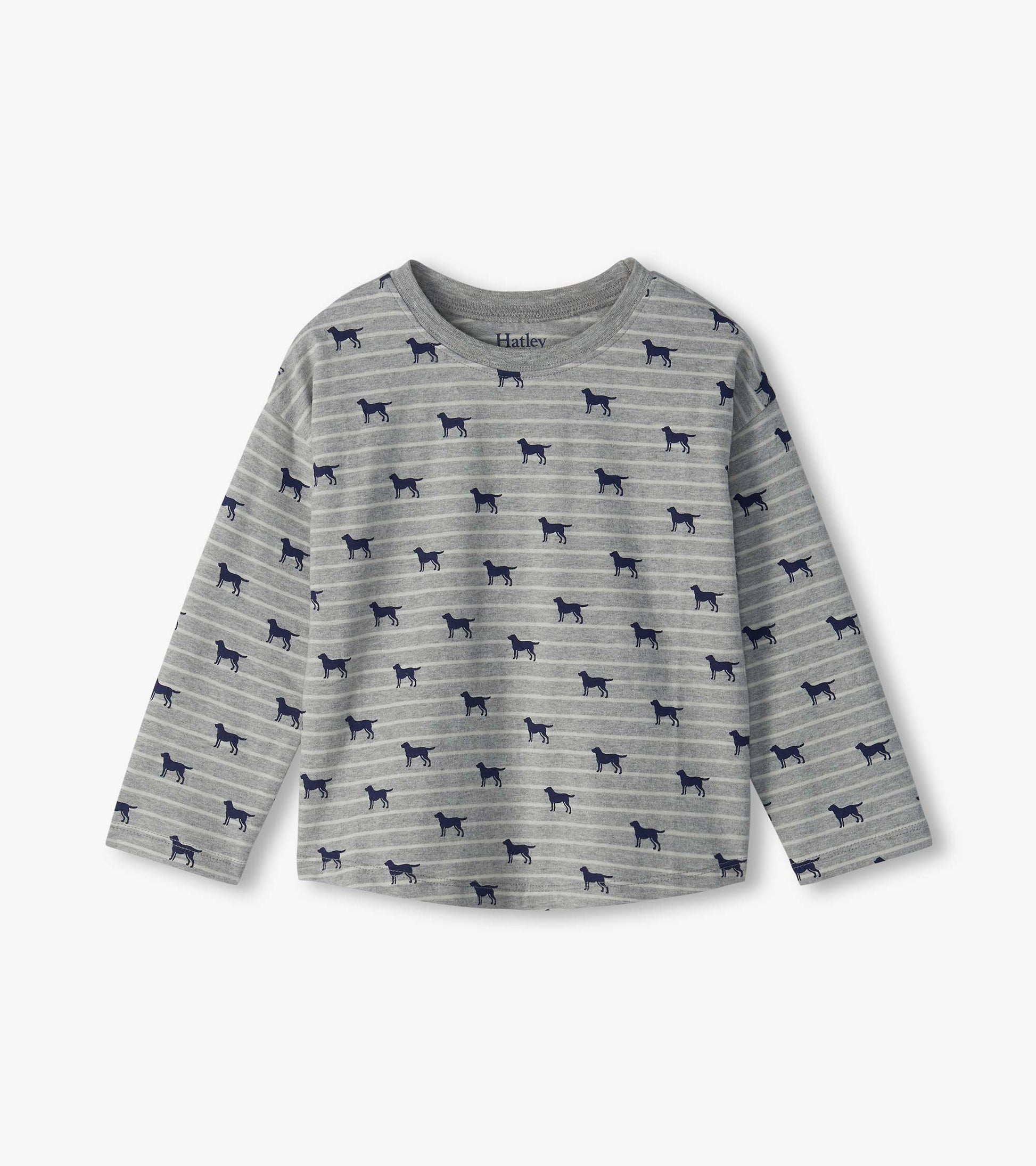 Infant gray striped drop shoulder tee with long sleeves and navy dog print