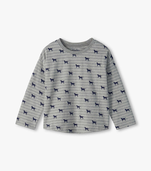 Infant gray striped drop shoulder tee with long sleeves and navy dog print