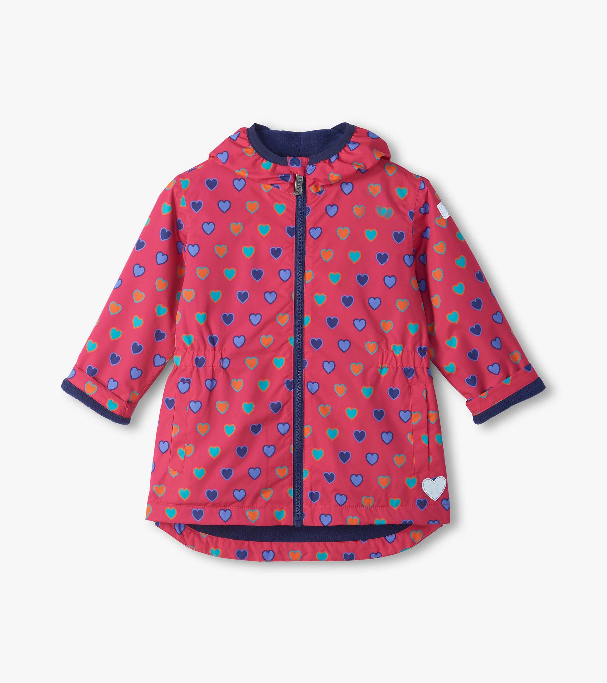 Front view of pink Heart Bunches field jacket with blue zipper, hood, and multicolor heart print