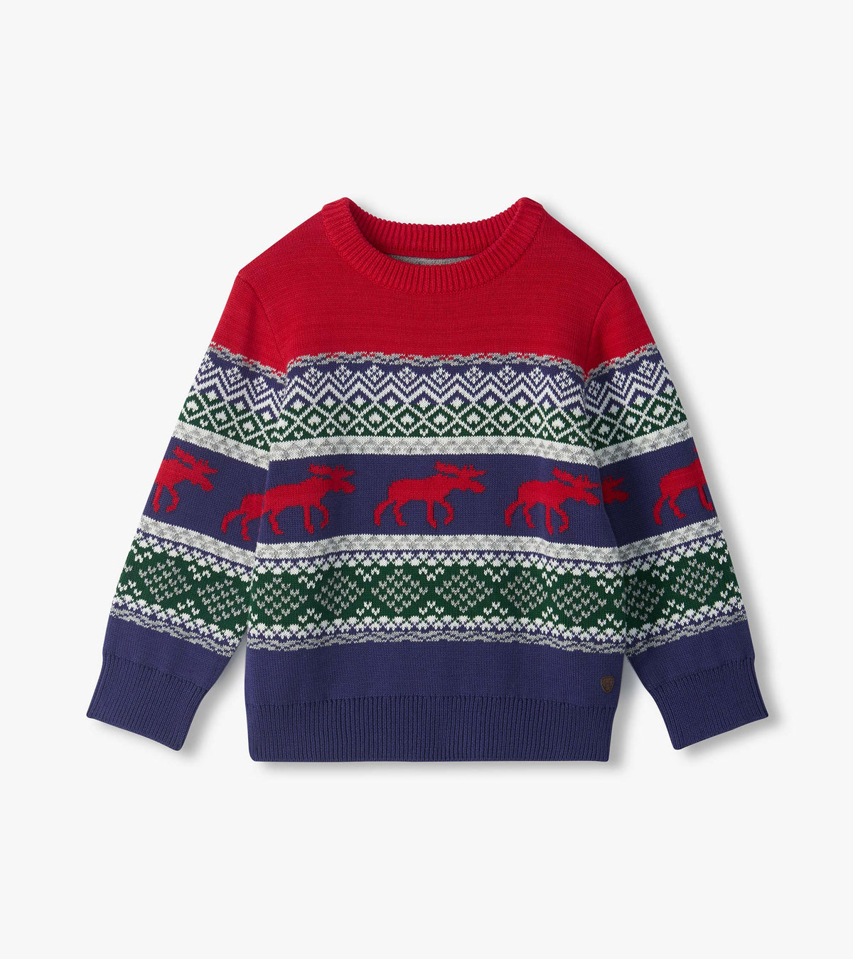 Front view of boys crew neck holiday sweater with red yoke, navy base, Fair Isle pattern, and red moose bands