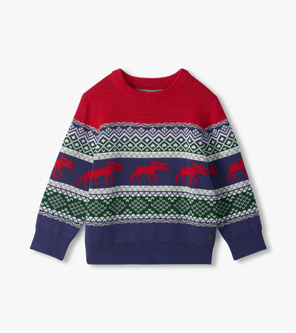 Front view of boys crew neck holiday sweater with red yoke, navy base, Fair Isle pattern, and red moose bands