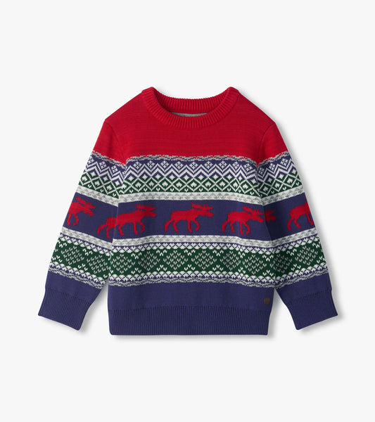 Front view of boys crew neck holiday sweater with red yoke, navy base, Fair Isle pattern, and red moose bands