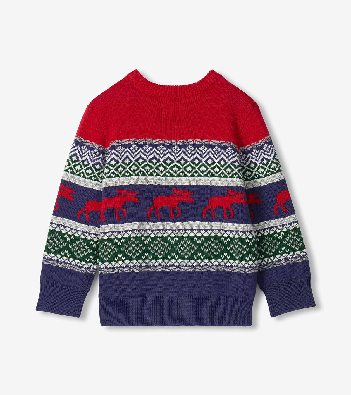 Back view of boys holiday sweater with red yoke, navy hem, Fair Isle pattern, and red moose bands