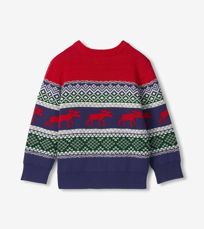 Back view of boys holiday sweater with red yoke, navy hem, Fair Isle pattern, and red moose bands