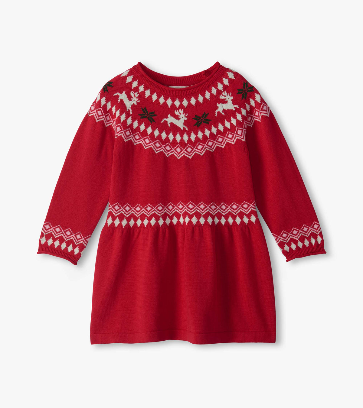 Front view of red sweater dress with white reindeer Fair Isle yoke, green snowflakes, and long sleeves