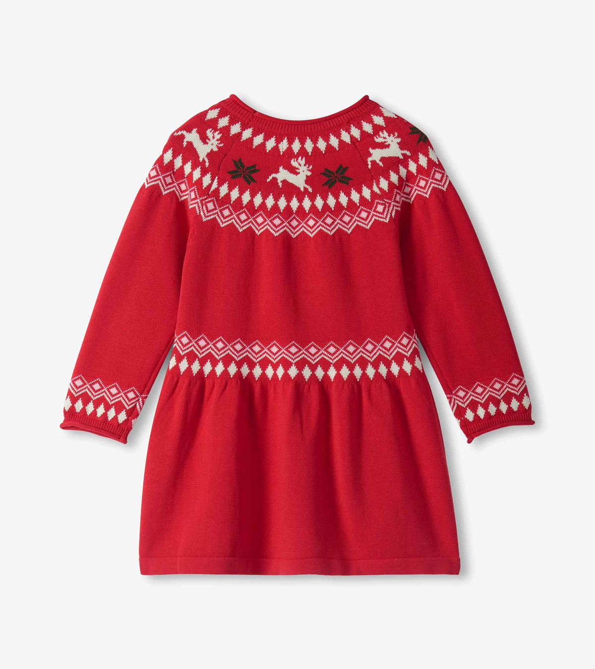 Back view of red sweater dress with white Fair Isle yoke, reindeer pattern, and long sleeves