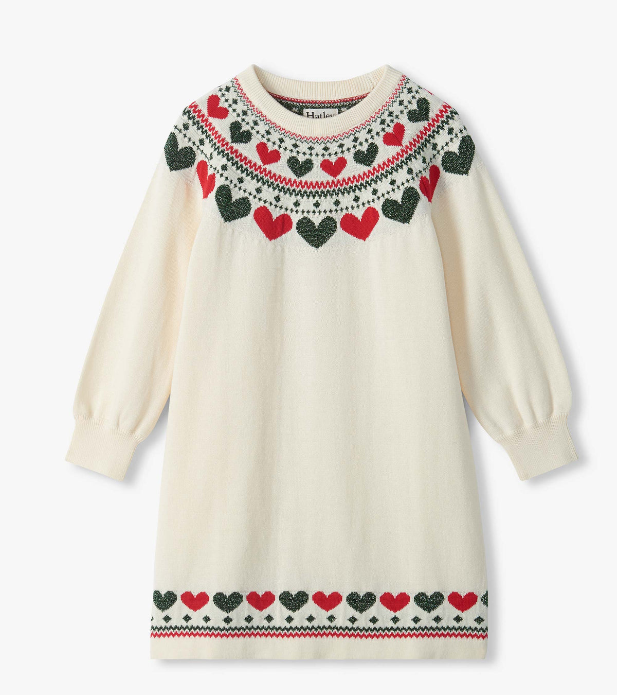 Front view of cream girls sweater dress with red and green heart yoke, long sleeves, and heart-pattern hem