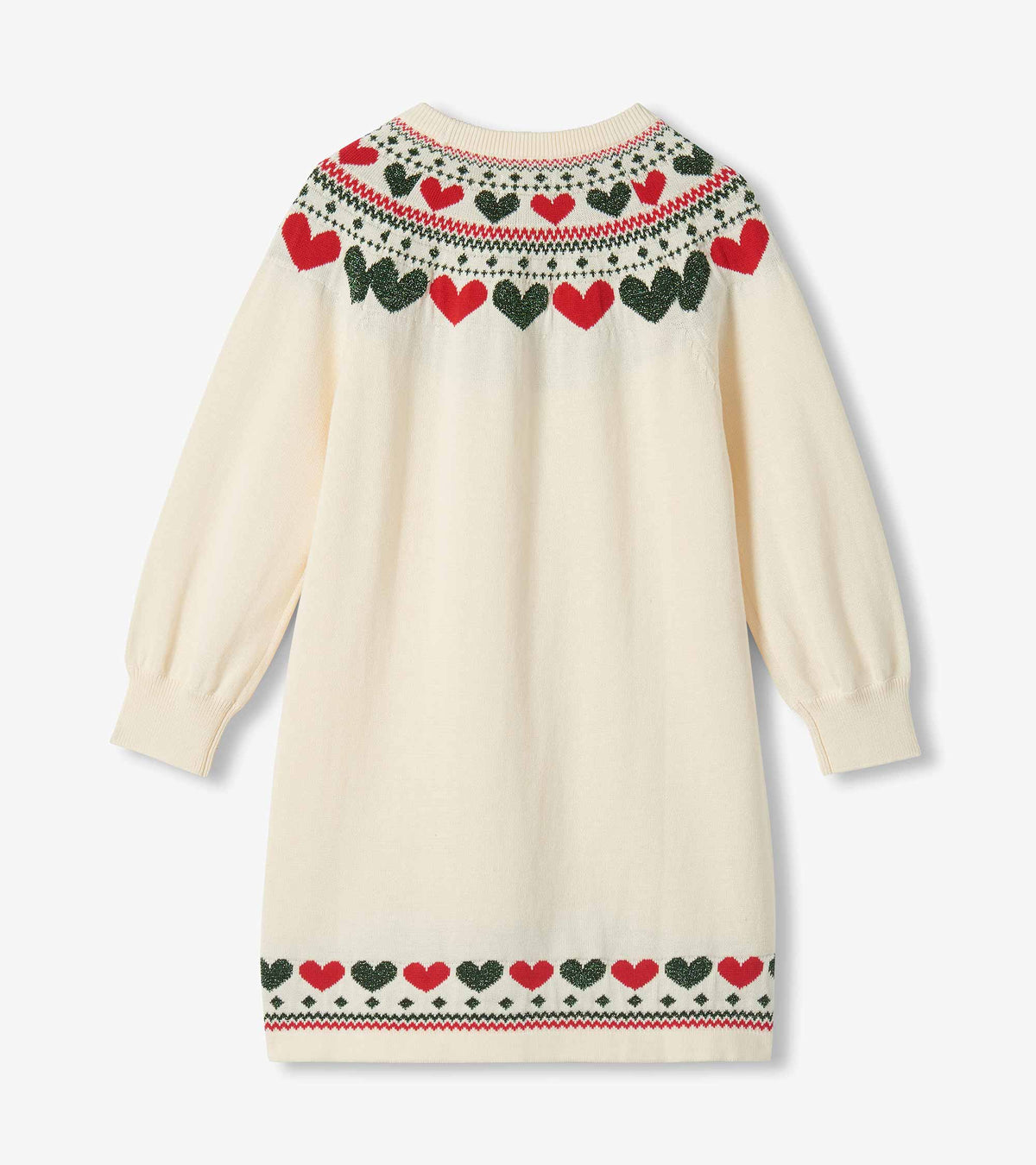 Back view of cream girls sweater dress with red and green heart yoke, long sleeves, and heart-pattern hem