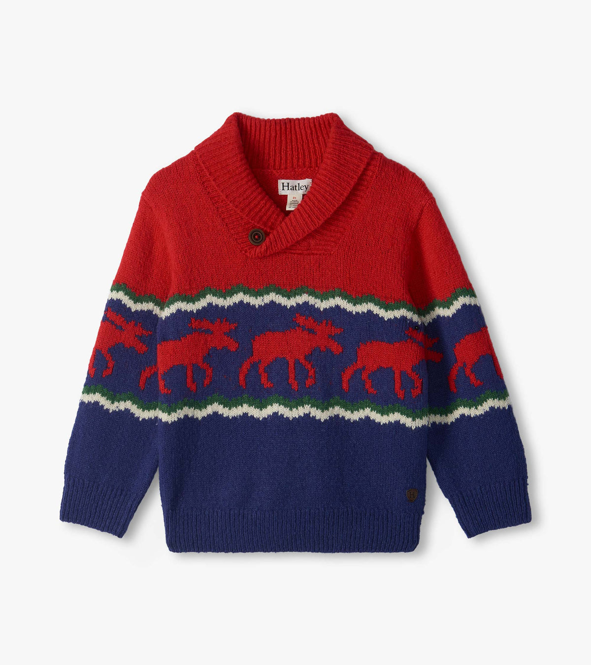 Front view of boys holiday pullover sweater in red and navy with moose pattern and shawl collar button